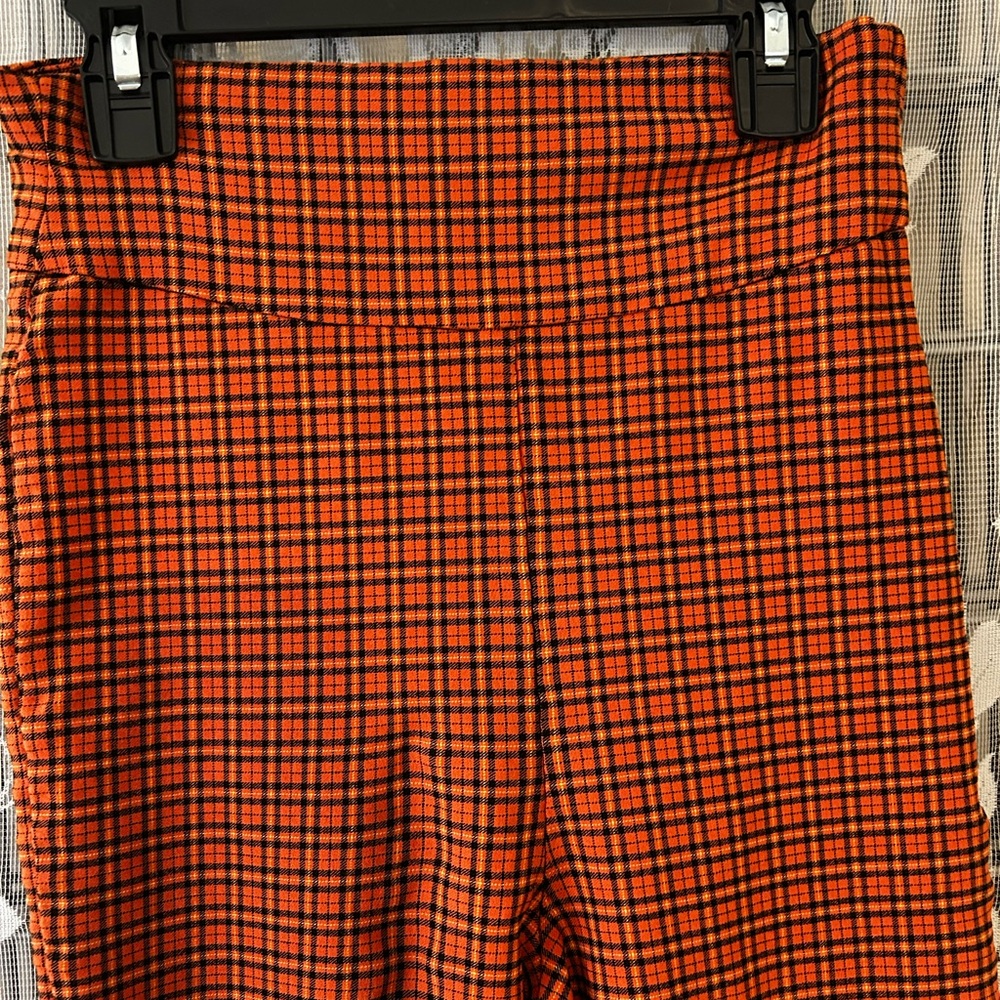 Unique Vintage Orange Plaid High-Waisted Pants skinny straight leg. EUC